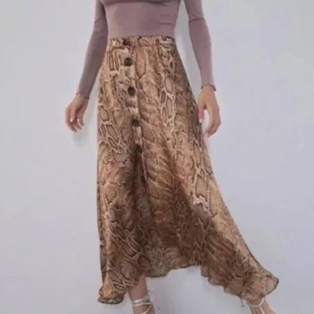 ZARA Silky Snake Print Button Down Front Maxi Skirt Tan S NWOT - Picture 2 of 6